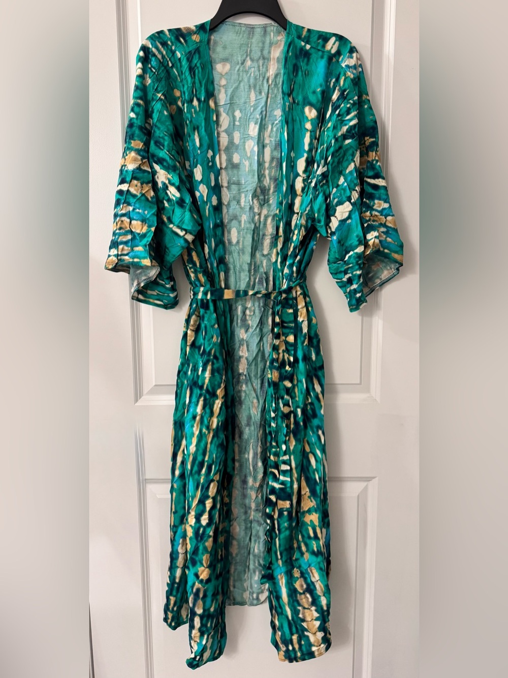 #x596 Green Multi Bōmaki/Arashi Shibori Tie-Dye Open Front Kimono Cover-Up Belt